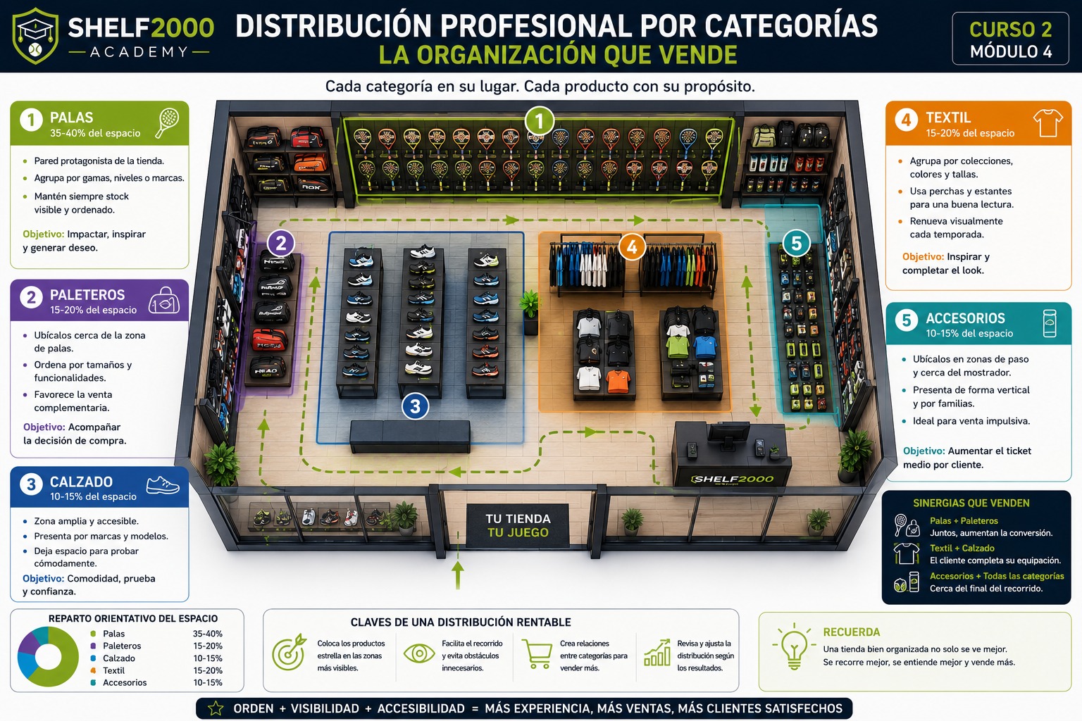 Infografía sobre la distribución profesional por categorías en una tienda de pádel: palas, paleteros, textil, calzado y accesorios.
